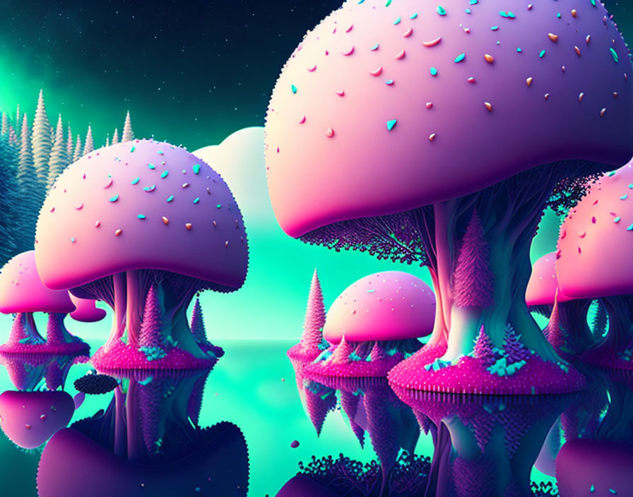 Vibrant neon landscape with oversized mushrooms in pink and purple hues