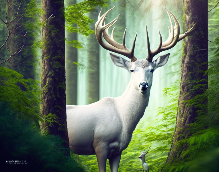 Majestic white deer with antlers in misty forest with smaller deer