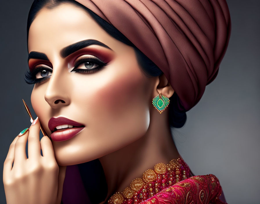 Woman with dramatic makeup and headscarf elegantly adorned with jewelry