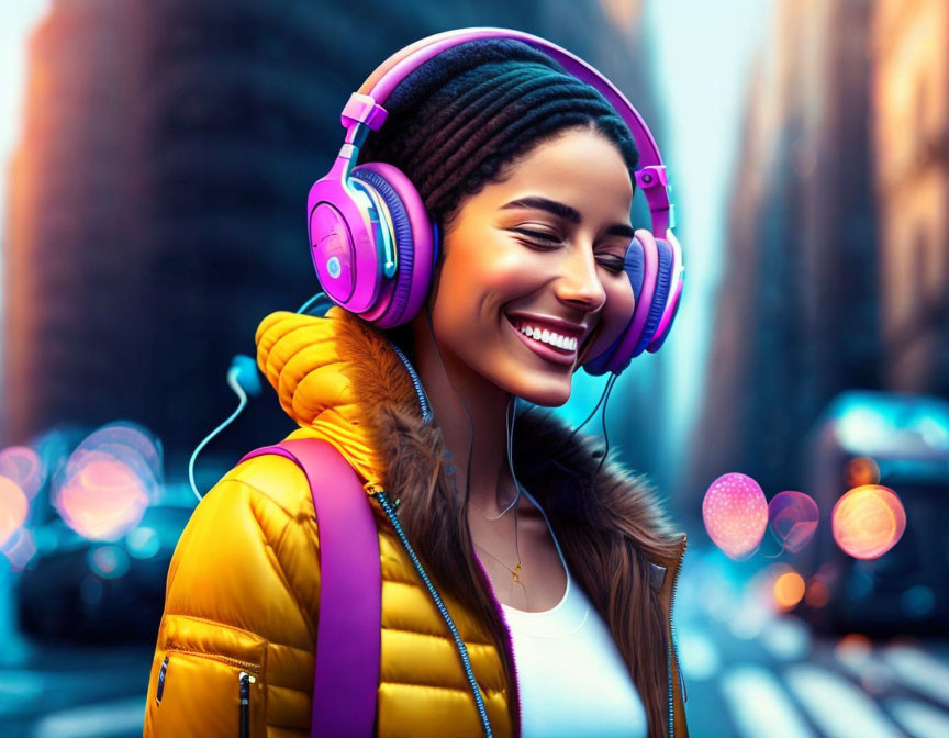 Smiling woman in yellow jacket with pink headphones in vibrant city scene