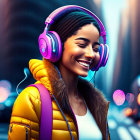 Smiling woman in yellow jacket with pink headphones in vibrant city scene