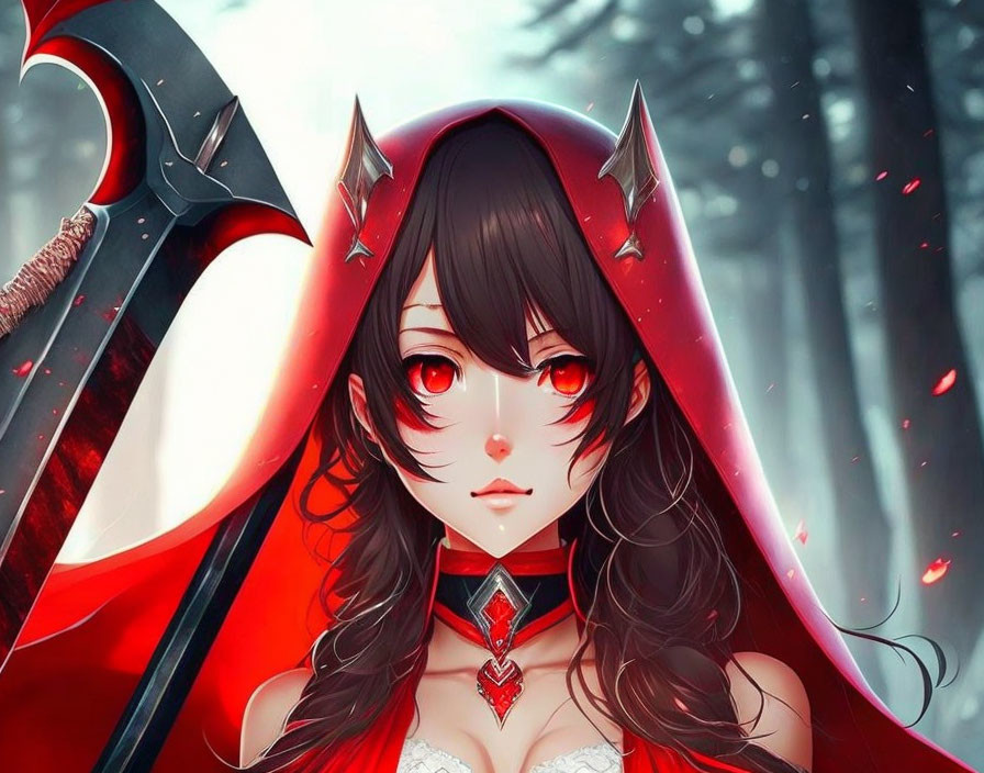 Illustration of female character with black hair, red eyes, and cape in misty forest with red