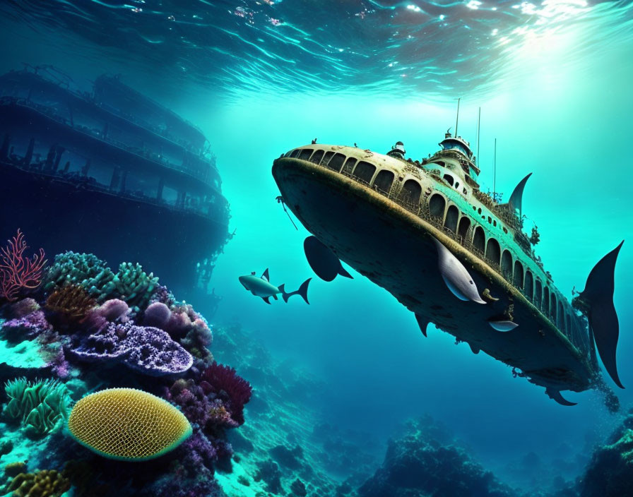 Submerged cruise ship in coral reef with fish and sharks in blue ocean