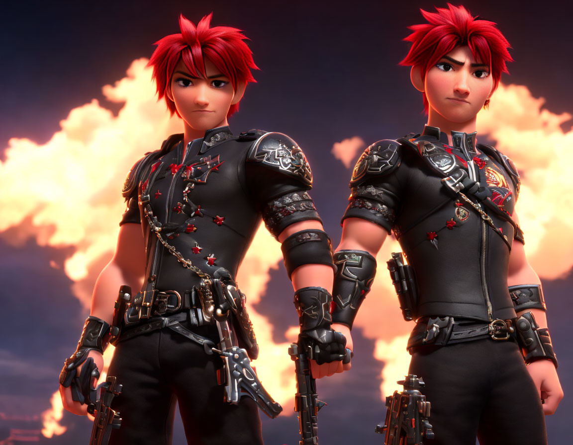 Red Spiky-Haired Animated Characters in Black Armor against Dramatic Sky