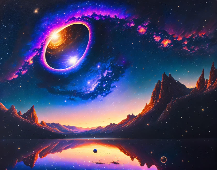 Cosmic scene with black hole over mountainous landscape reflected in serene lake