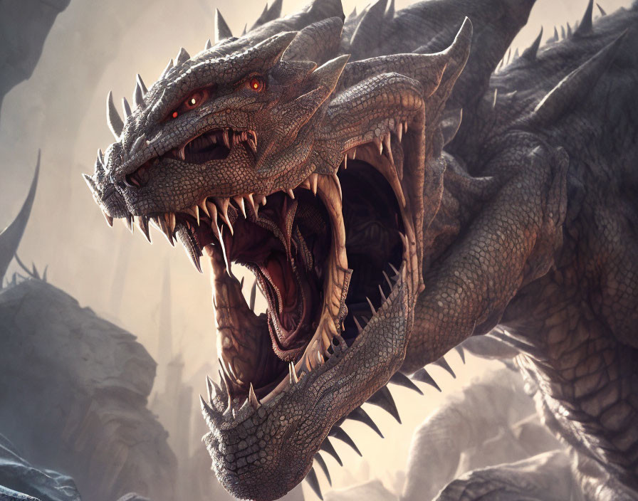 Detailed Illustration: Fierce Dragon with Glowing Red Eyes and Sharp Teeth on Rocky Terrain