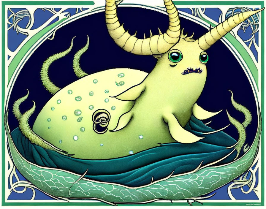 Whimsical creature illustration with horns, spotted body, and tentacles in Art Nouveau style.