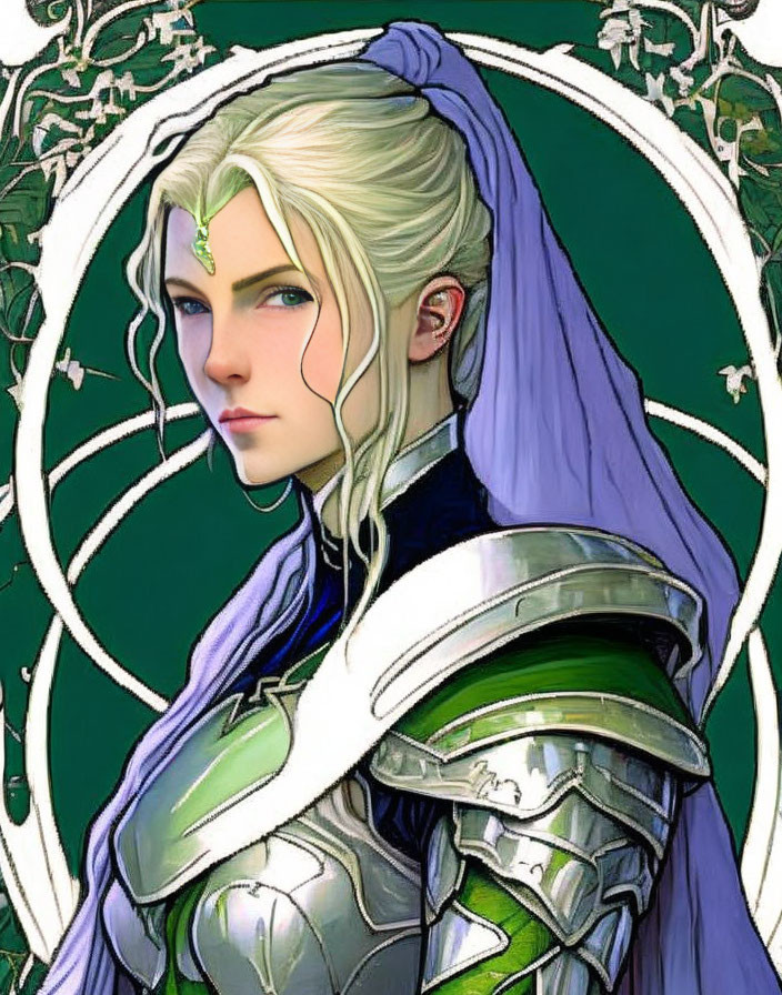 Illustrated fantasy woman in green armor with white hair and pointed ears on plant-inspired backdrop