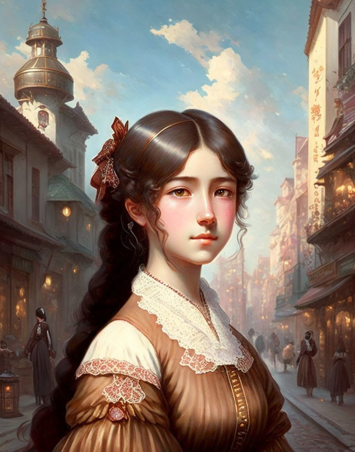 Portrait of woman with dark hair and red ribbon in vintage dress against old-fashioned street scene.