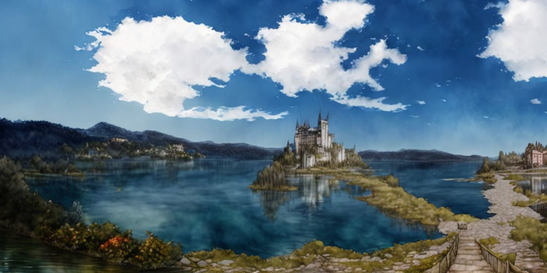 Majestic castle on island in fantasy landscape with serene lake