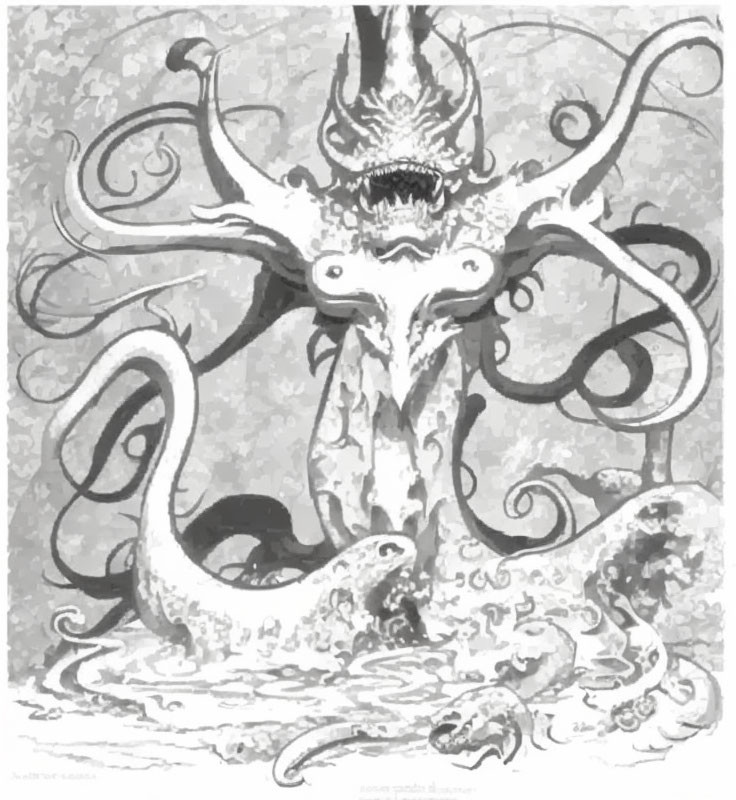 Monochromatic kraken illustration with unfurled tentacles and gaping mouth