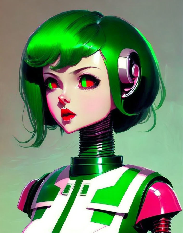 Female character with green hair, red eyes, headphones, and futuristic green and white outfit.