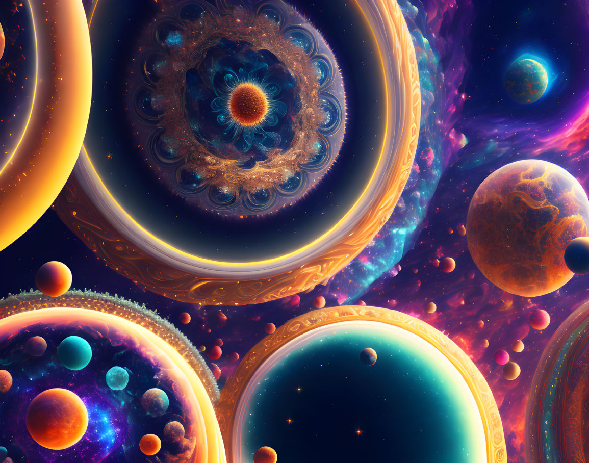 Colorful digital art: Cosmic scene with fractal patterns, planets, and celestial bodies