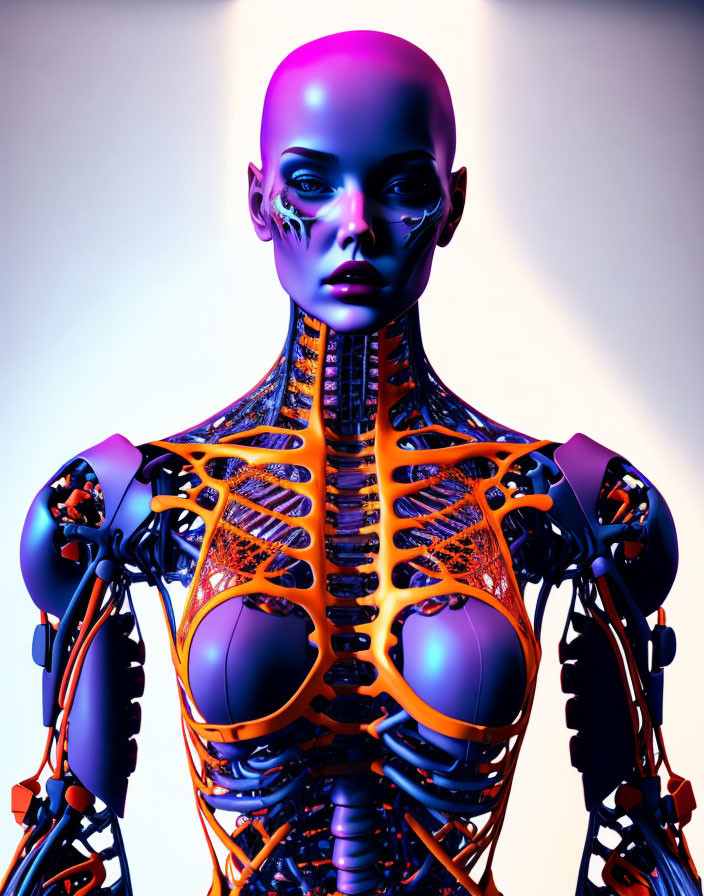 Purple-headed female robot with orange and black skeleton on light background