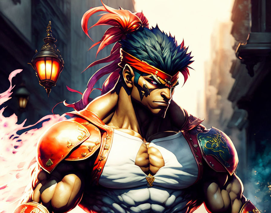 Muscular animated character in red headband with fiery aura and armor.