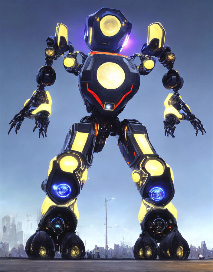 Giant Yellow and Blue Highlighted Robot in City Skyline