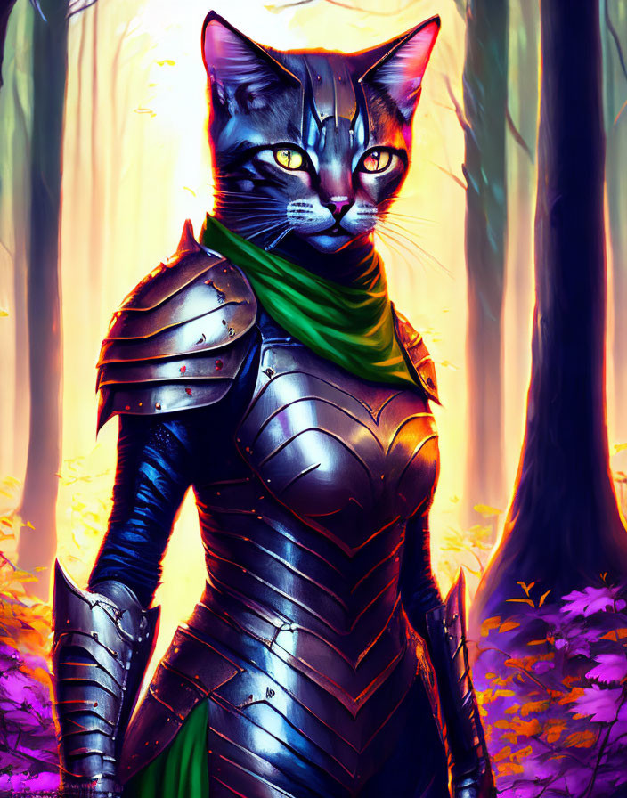 Anthropomorphic Cat in Armor in Fantasy Forest with Purple Flora