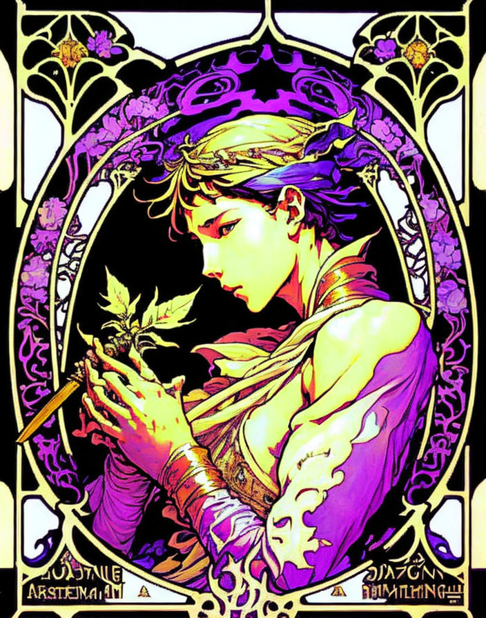 Art Nouveau-style illustration of ethereal figure holding shining creature in intricate vine border.