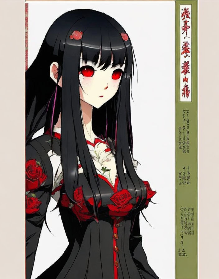 Detailed illustration of girl with long black hair, red eyes, adorned with red flowers, in black and