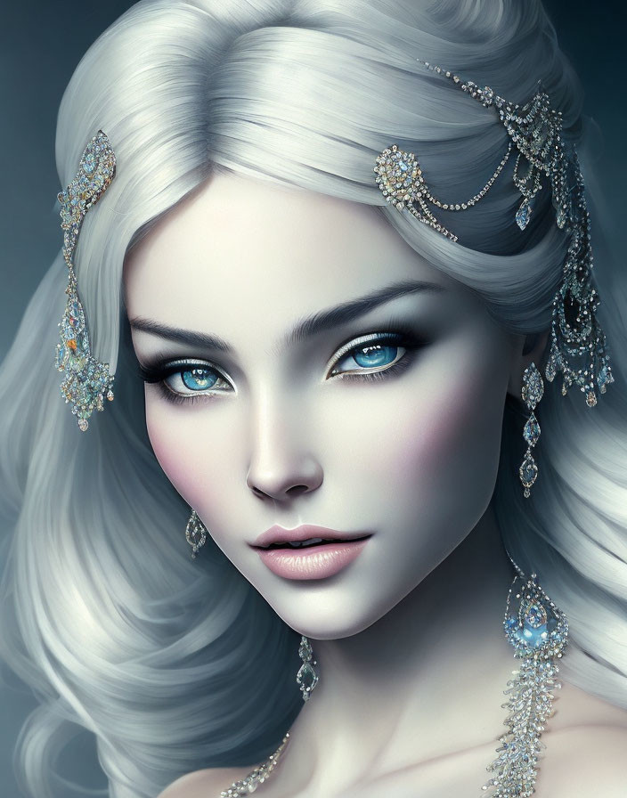 Digital portrait: Woman with pale skin, blue eyes, silver hair, ornate jewelry