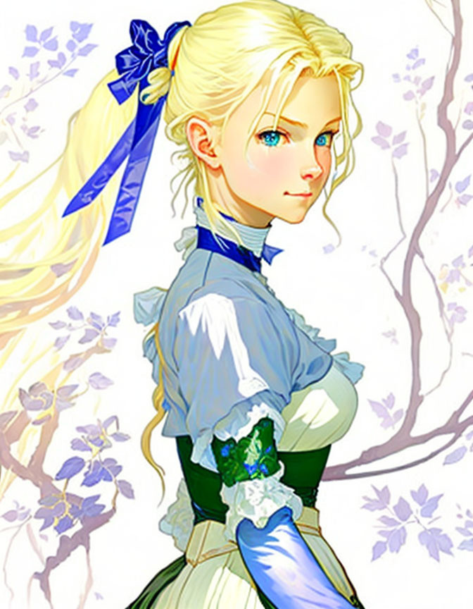 Blonde Girl with Blue Eyes in Blue and Green Dress Among Blossoming Branches