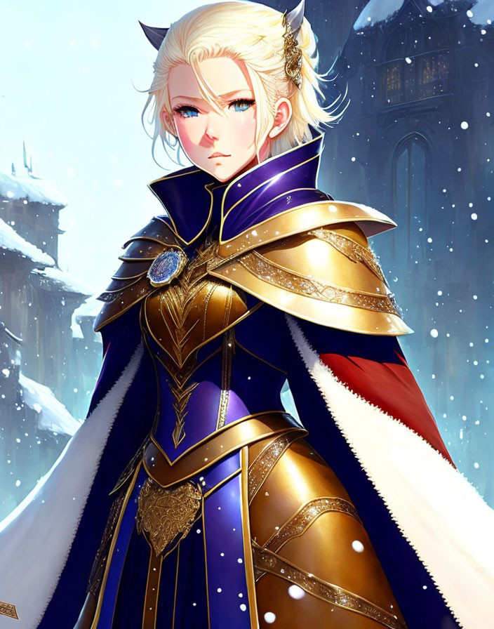 Blonde-haired character in blue and gold armor against snowy backdrop