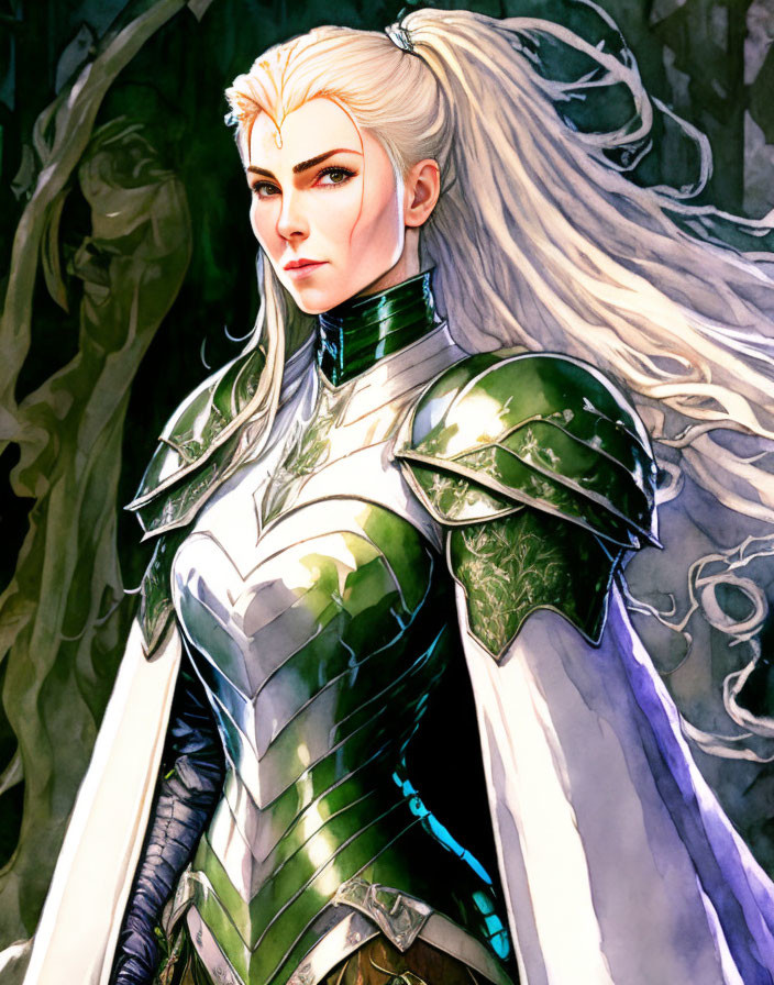 Armored white-haired female fantasy character with pointed ears