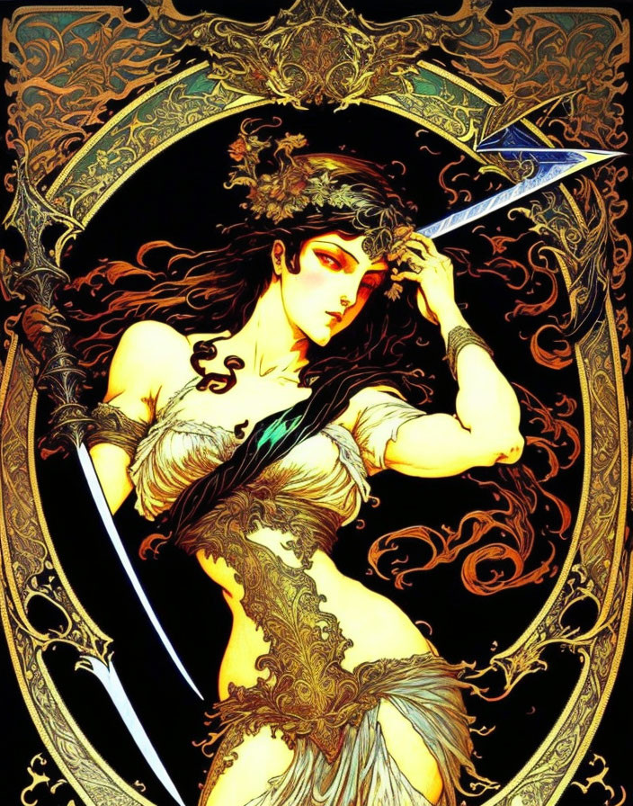 Warrior woman illustration with sword and gold patterns on dark background