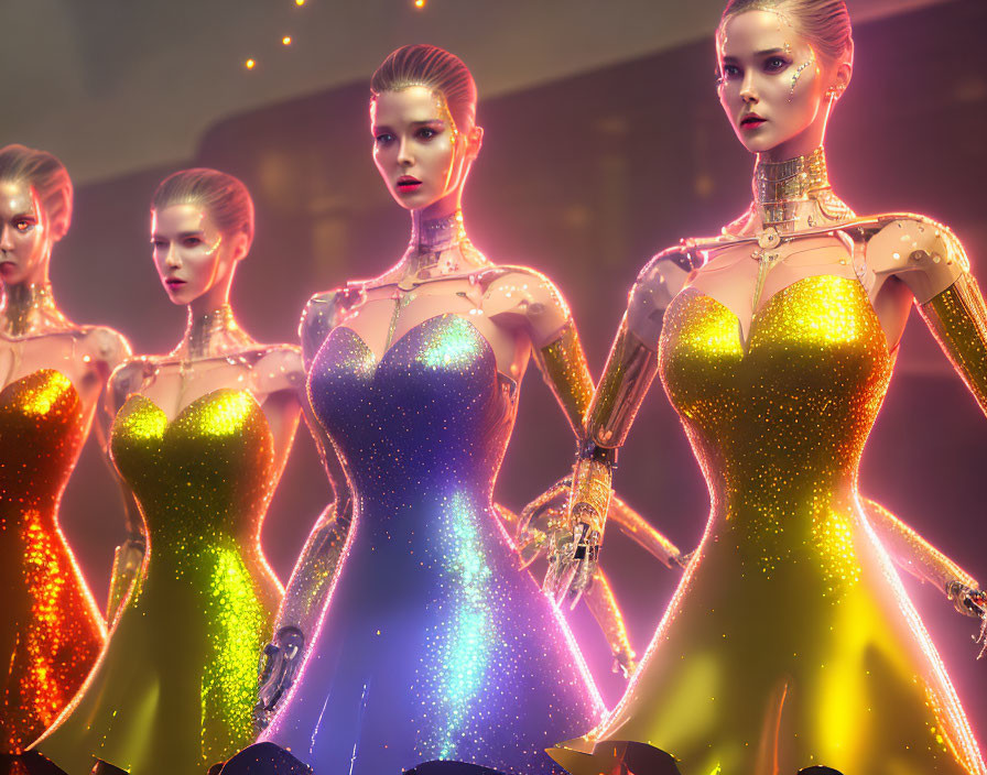 Four humanoid robots in sparkling ombre gowns with golden futuristic design and visible mechanical joints.