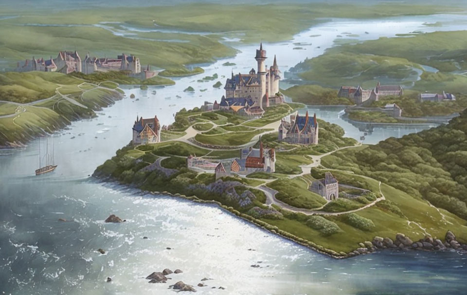 Fantasy coastal landscape with castle, village, rivers, fields, and ship