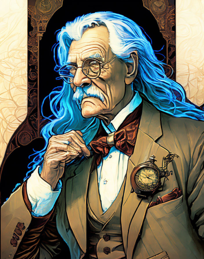 Elder Gentleman Illustration with White Hair, Mustache, Glasses, Bow Tie, and Ste