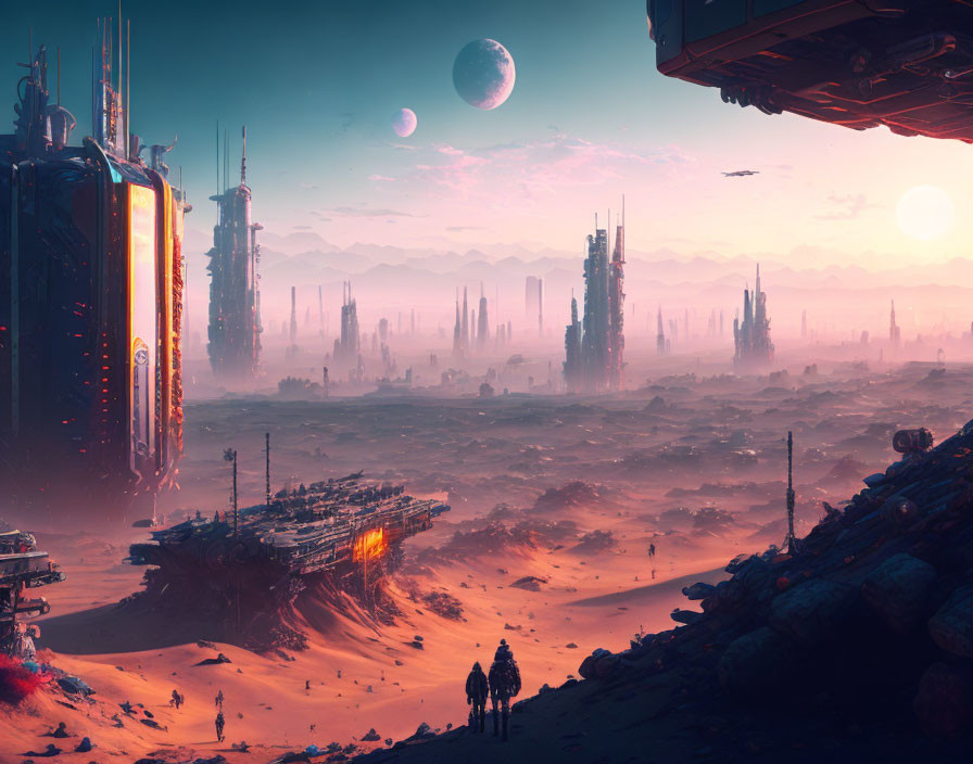 Futuristic landscape with towering structures, figures, spacecraft, and multiple moons