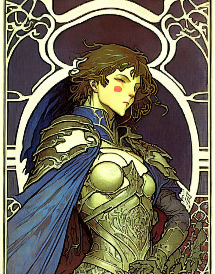 Curly-Haired Character in Medieval Armor with Blue Cape on Art Nouveau Background