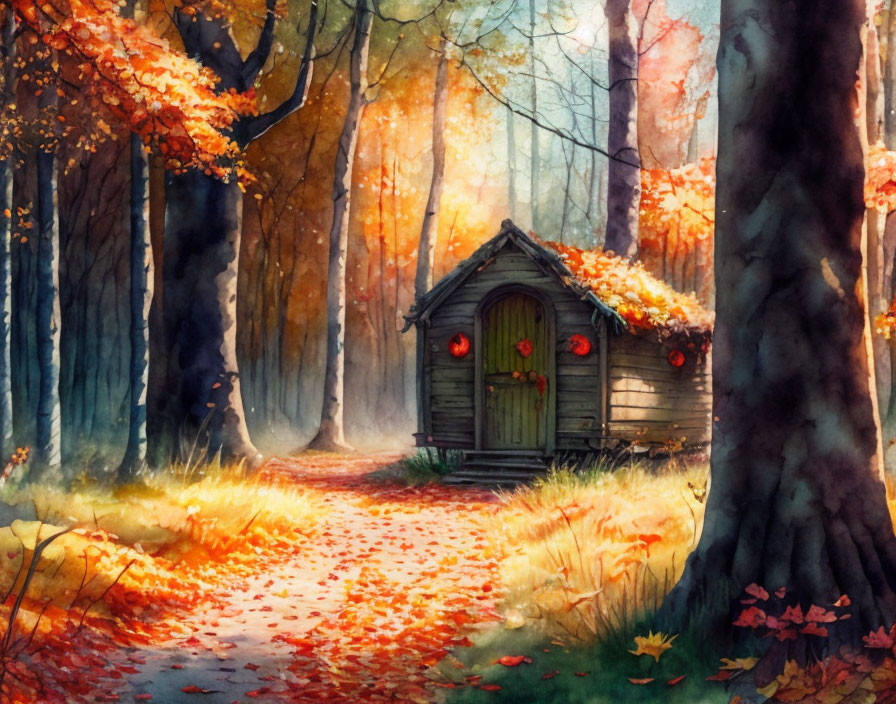 Rustic wooden hut with thatched roof in autumn forest