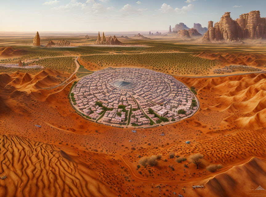 Futuristic desert city with radial streets and skyscrapers.