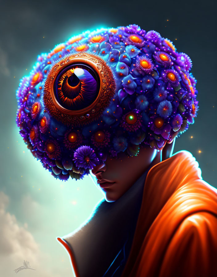 Surreal portrait of person with blue floral head and central eye in orange cloak against moody sky