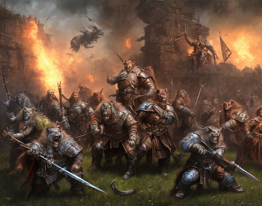 Armored warriors and beasts clash in epic fantasy battle scene