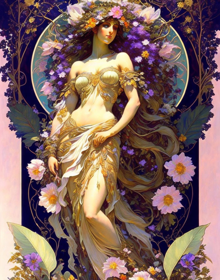 Ethereal artwork featuring woman with floral headdress and golden gown