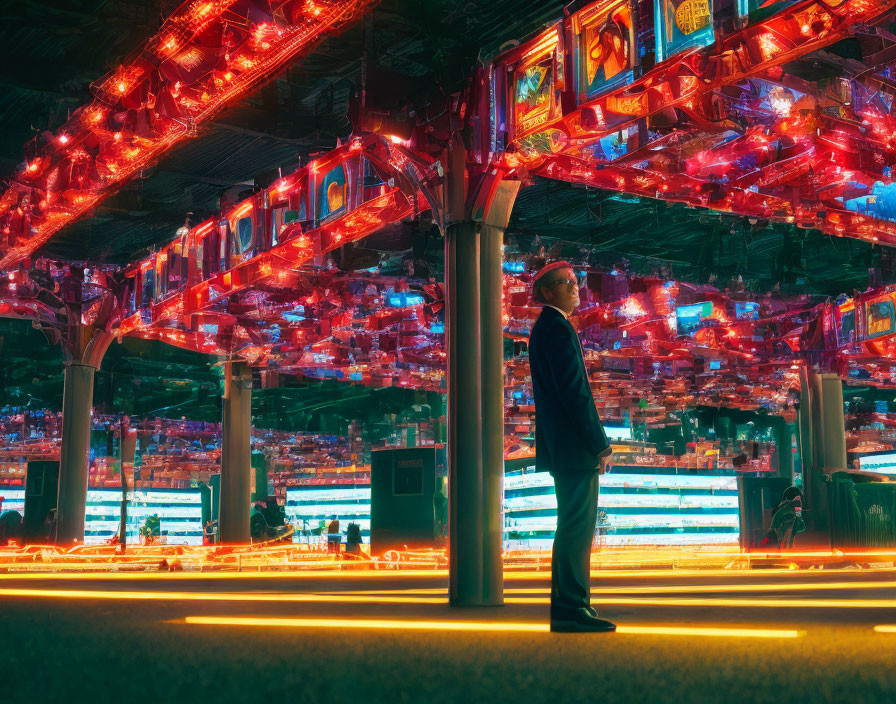 Man in suit standing in vibrant room with red ceilings and neon lighting