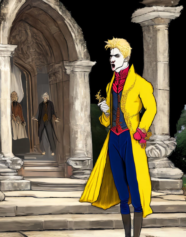 Stylized illustration of person in yellow coat with dramatic face makeup, holding scepter, against architectural