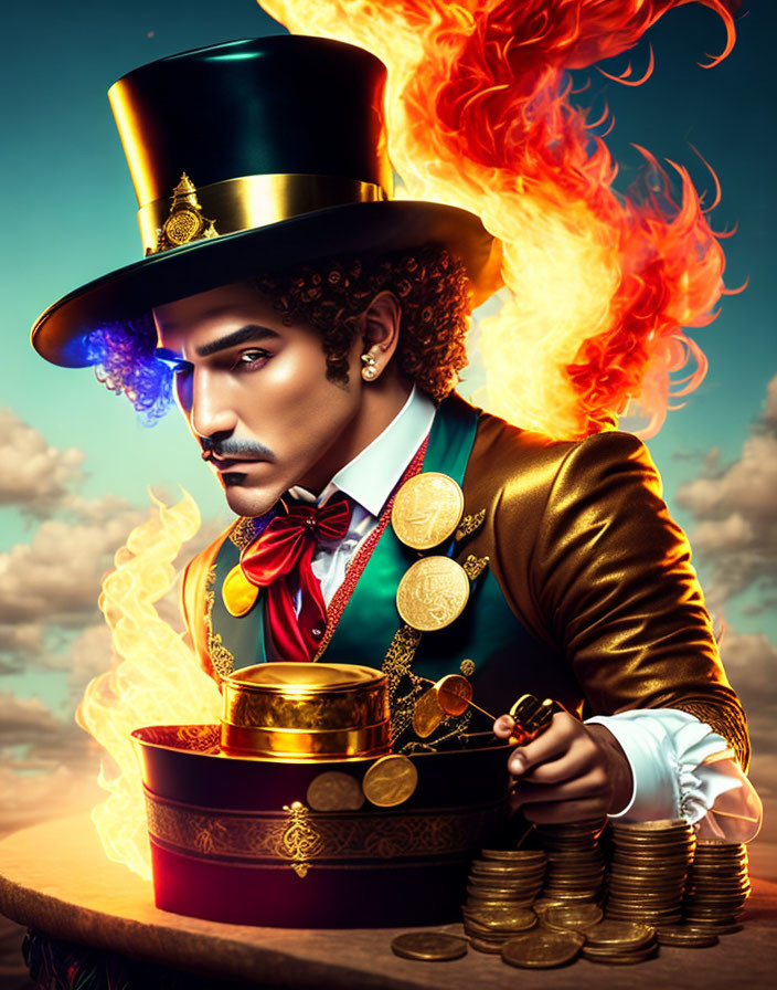 Flamboyant magician with fiery hat produces coins amidst swirling flames