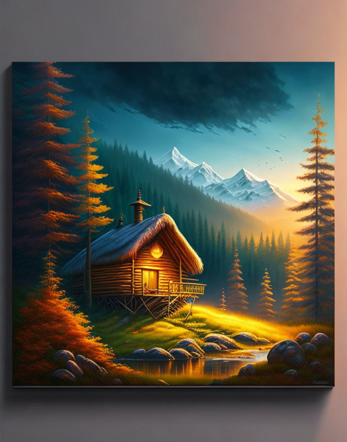 Tranquil digital art of cozy cabin in pine forest at twilight