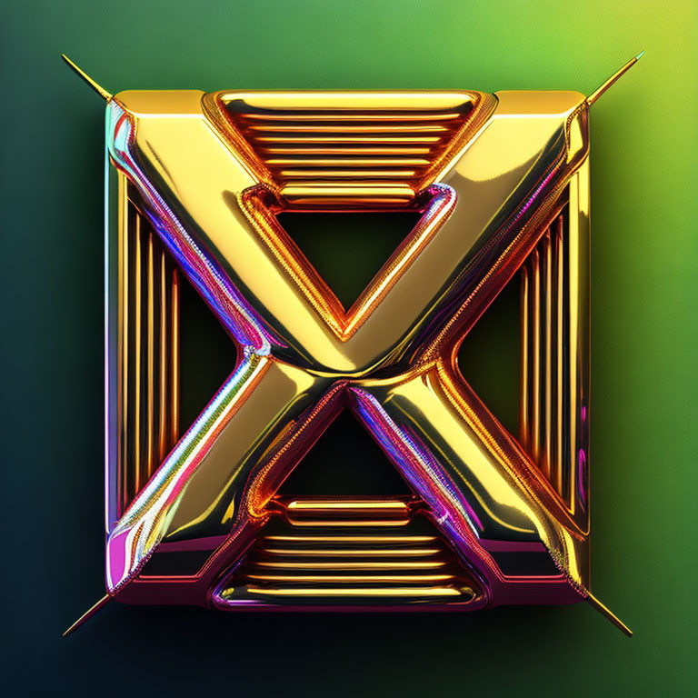 Shiny golden iridescent "X" on dark green background