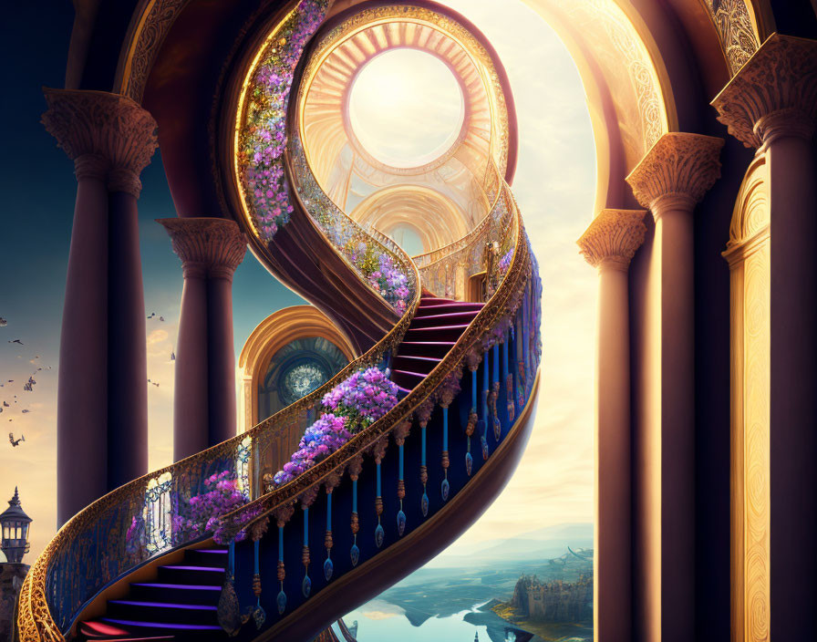 Ornate golden spiral staircase with purple flowers and circular window overlooking distant castles