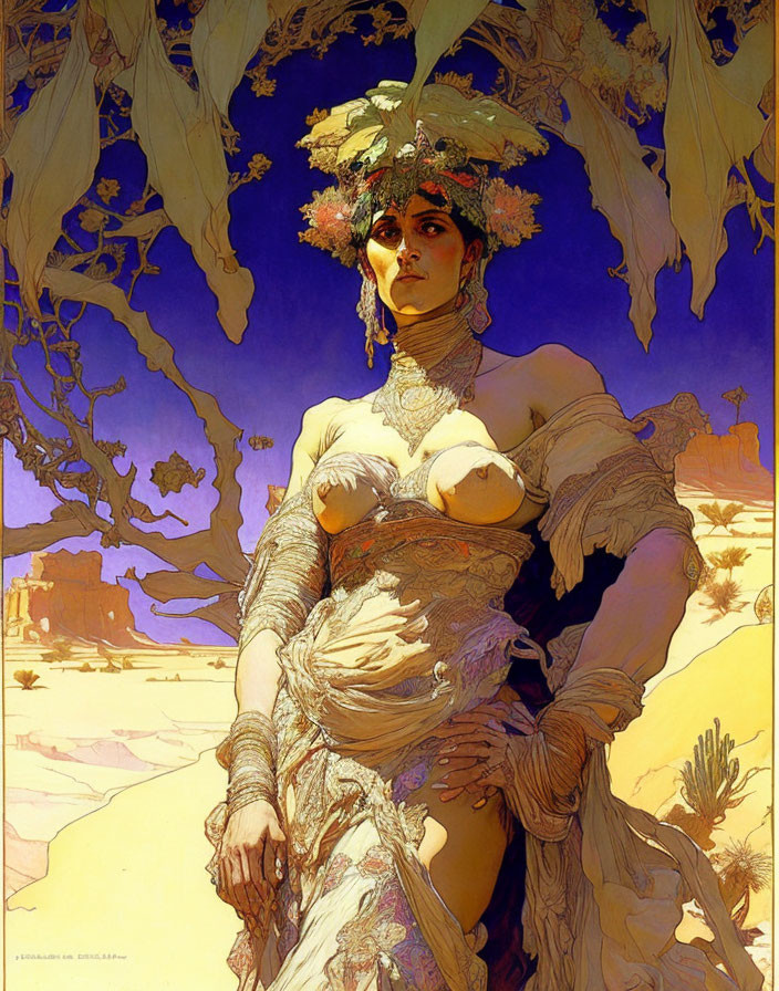 Regal woman in flowing gown and headdress in desert landscape