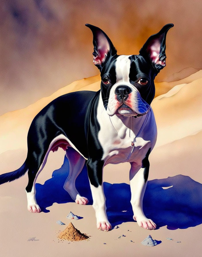 Boston Terrier on Sandy Surface with Papers