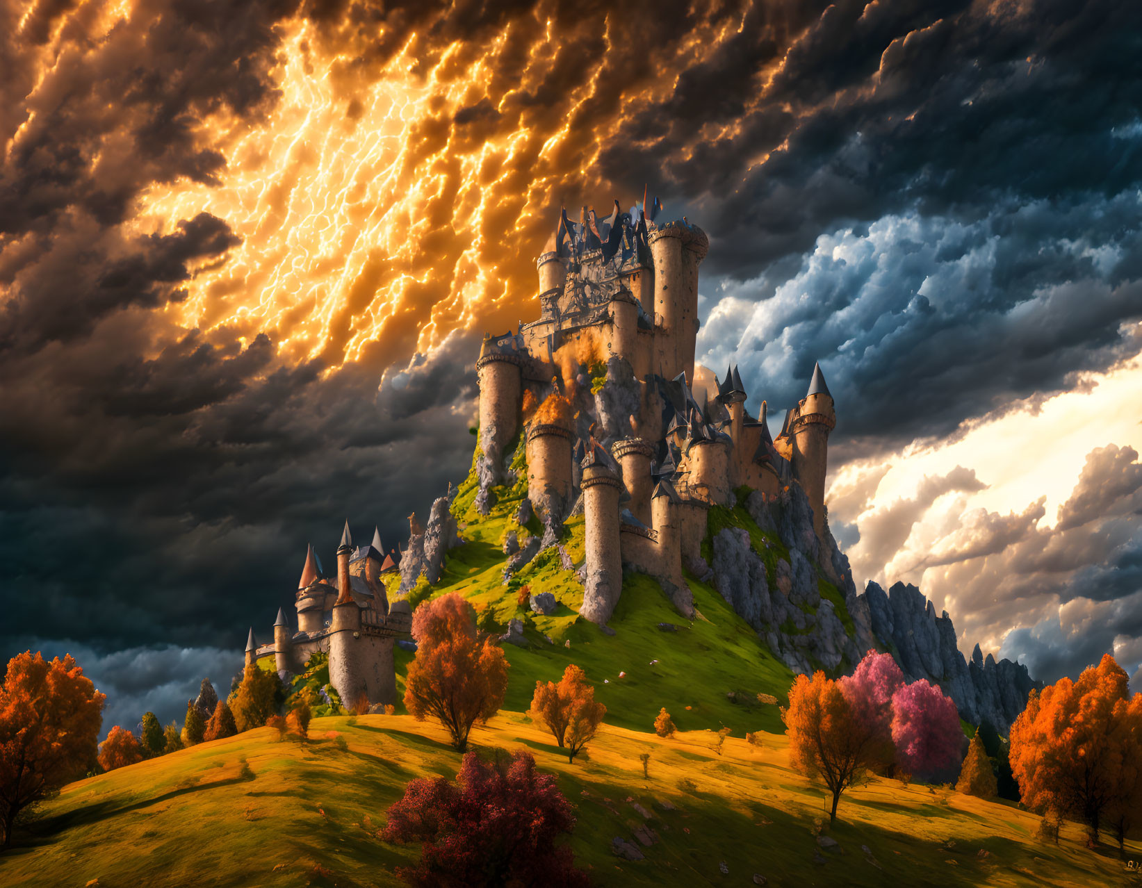 Castle on Hill Amid Autumn Trees Under Dramatic Sky with Lightning