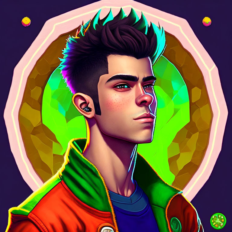 Illustration of a person with green spiked hair, earbuds, colorful jacket on hexagonal background