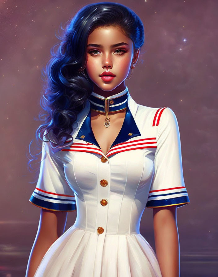 Stylized woman portrait with dark curly hair in sailor dress under twilight sky