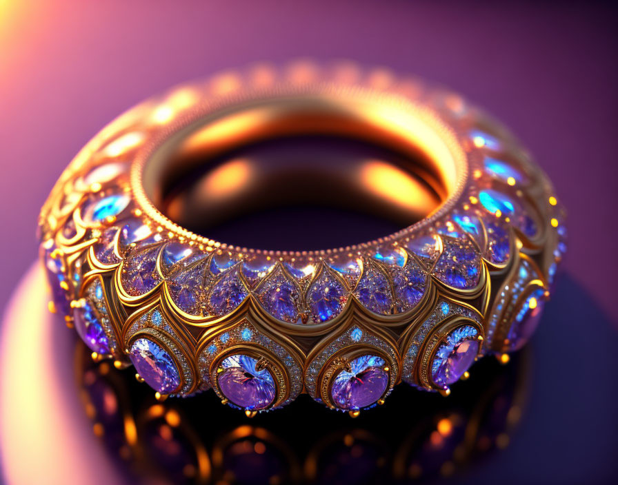 Intricate Golden Bangle with Diamonds and Purple Gemstones